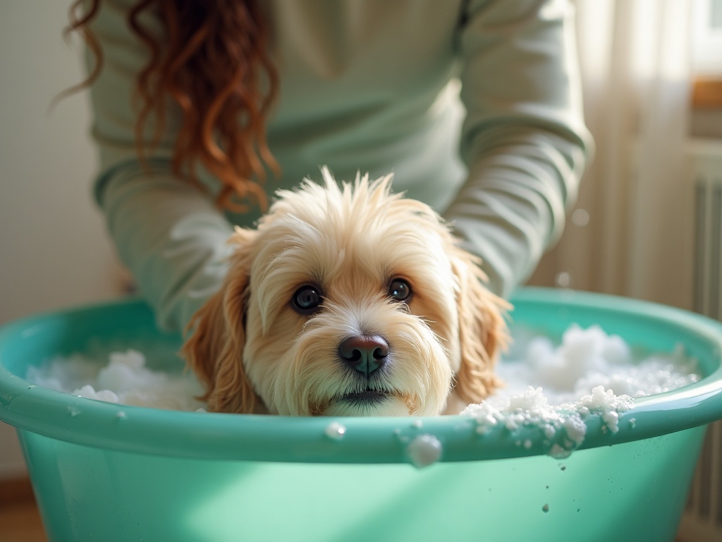 A dog being bathed and pampered